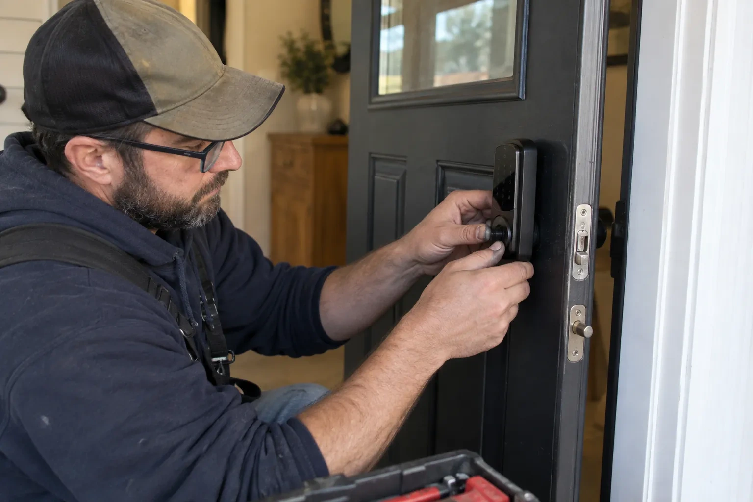 Technician in a cap and glasses mounting a black keypad deadbolt on a dark front door, with a tool case below. — Toronto