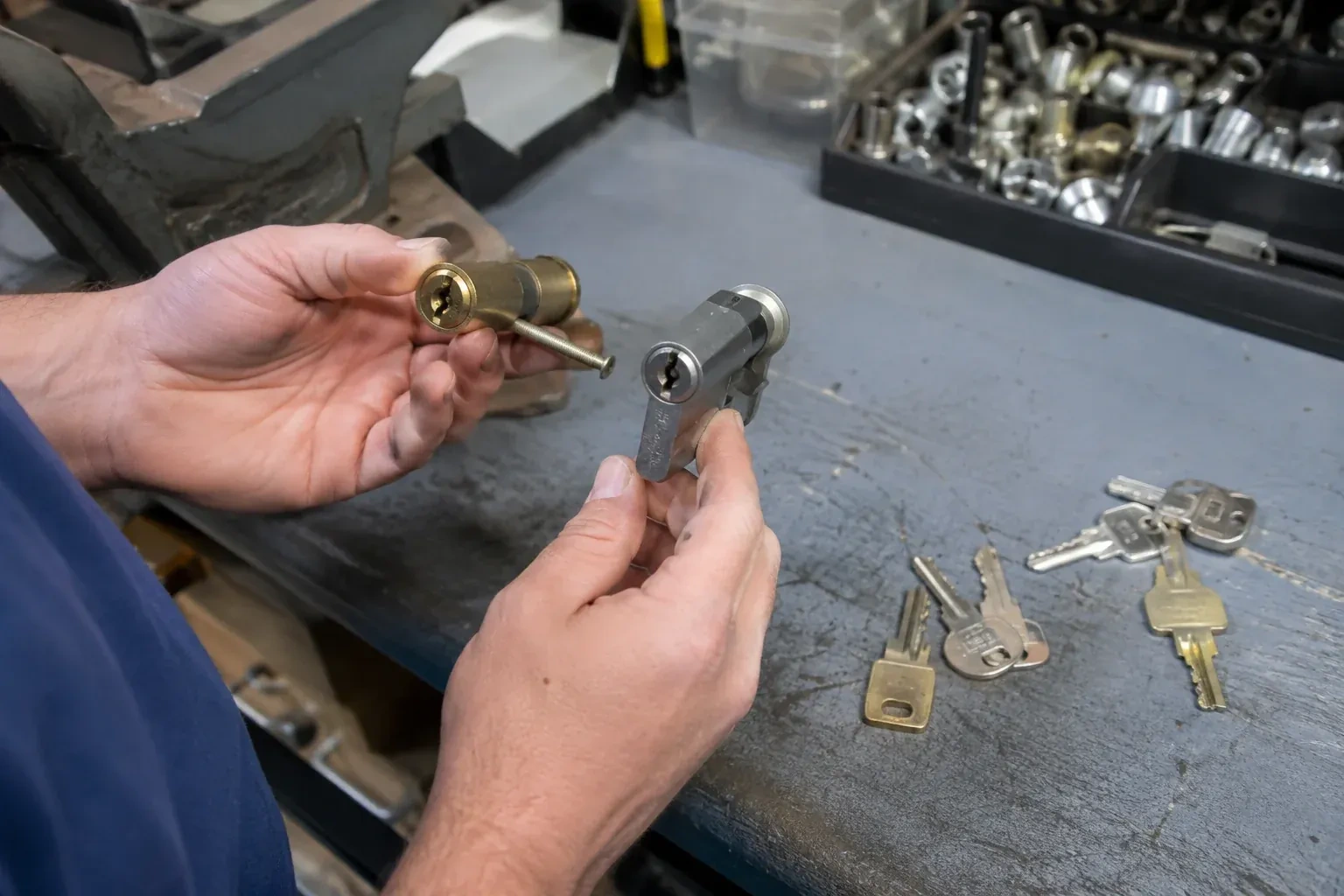 Hands comparing detached lock cylinders beside loose keys on a workbench. — Broken Key Extraction, Lawrence Heights
