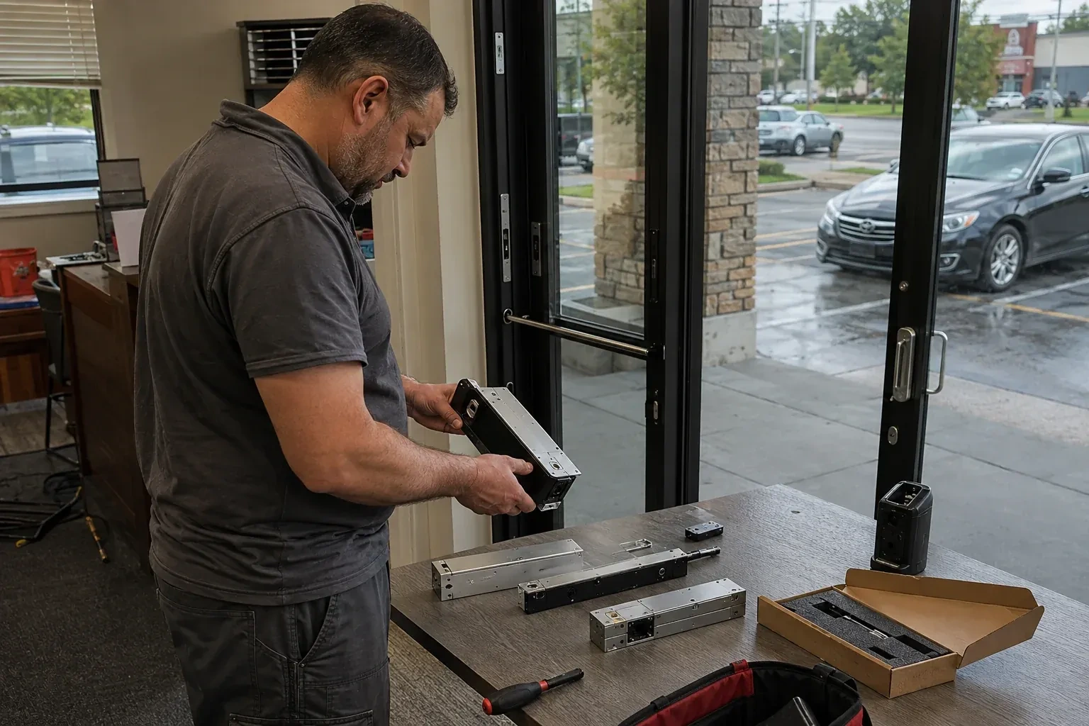 Person holding a rectangular door-hardware housing at a table with additional metal assemblies beside a glass entrance. — Access Control Installation, Toronto
