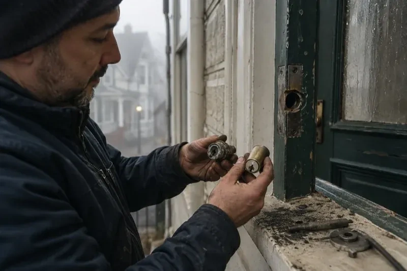 Person holding two lock cylinders beside an open painted door, with loose hardware and debris on the sill. — Seized & Jammed Lock Opening, Lawrence Heights